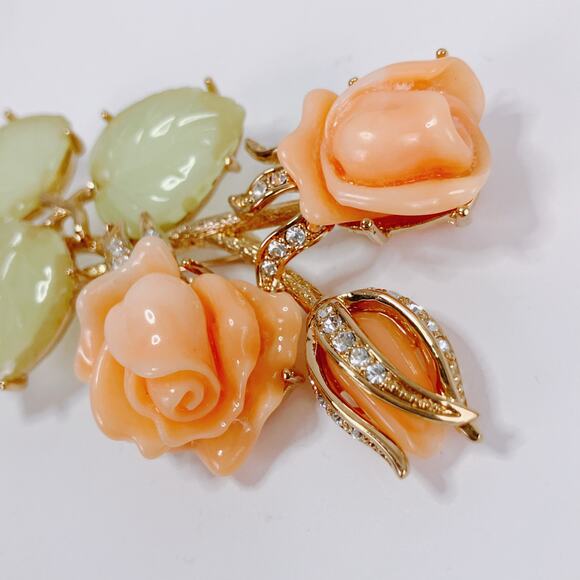 Nolan Miller Ann Margaret Faux Coral & Jade Rose Brooch Pin Rhinestones Large - Picture 3 of 12